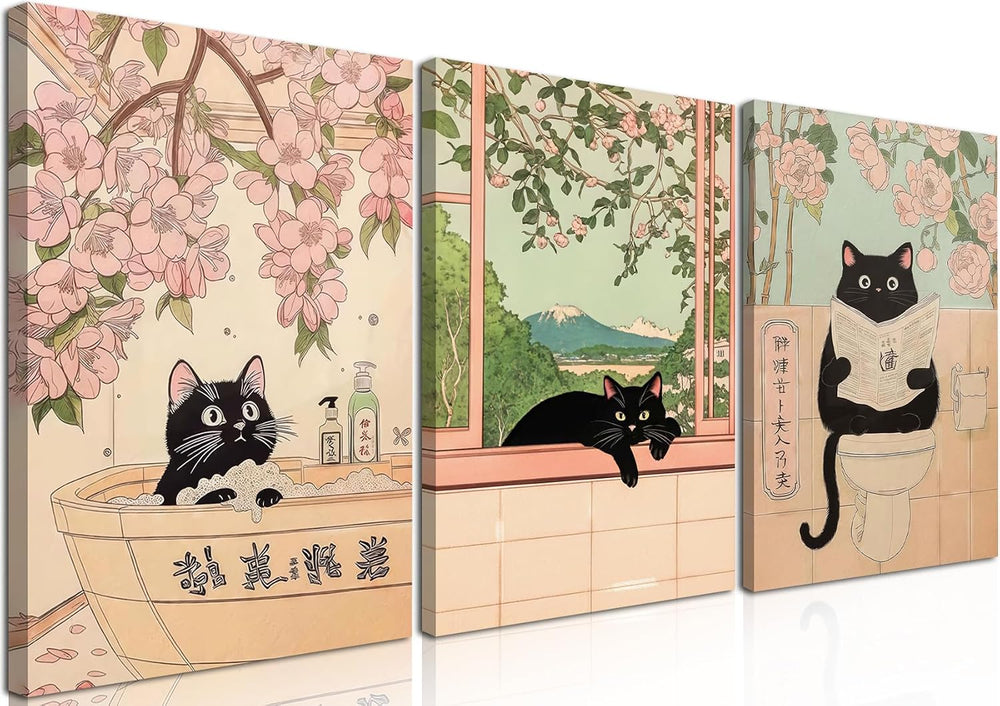 Japanese Bathroom Wall Art Set of 3, Cute Black Cat Bathtub Wall Decor, Funny...