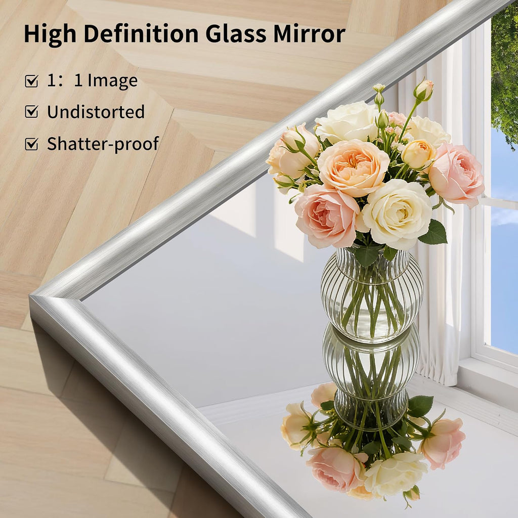 20x24 Inch Brushed Silver Bathroom Mirror, Raised Metal Framed Bathroom Vanity Mirror for Over Sink, Anti-Rust, Shatterproof Rectangle Wall Mirror, Hangs Horizontally or Vertically