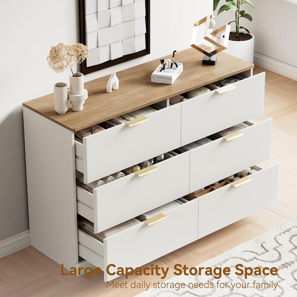 3 Pieces 6 Drawer Dresser & 3 Drawer Nightstand Set, White & Brown