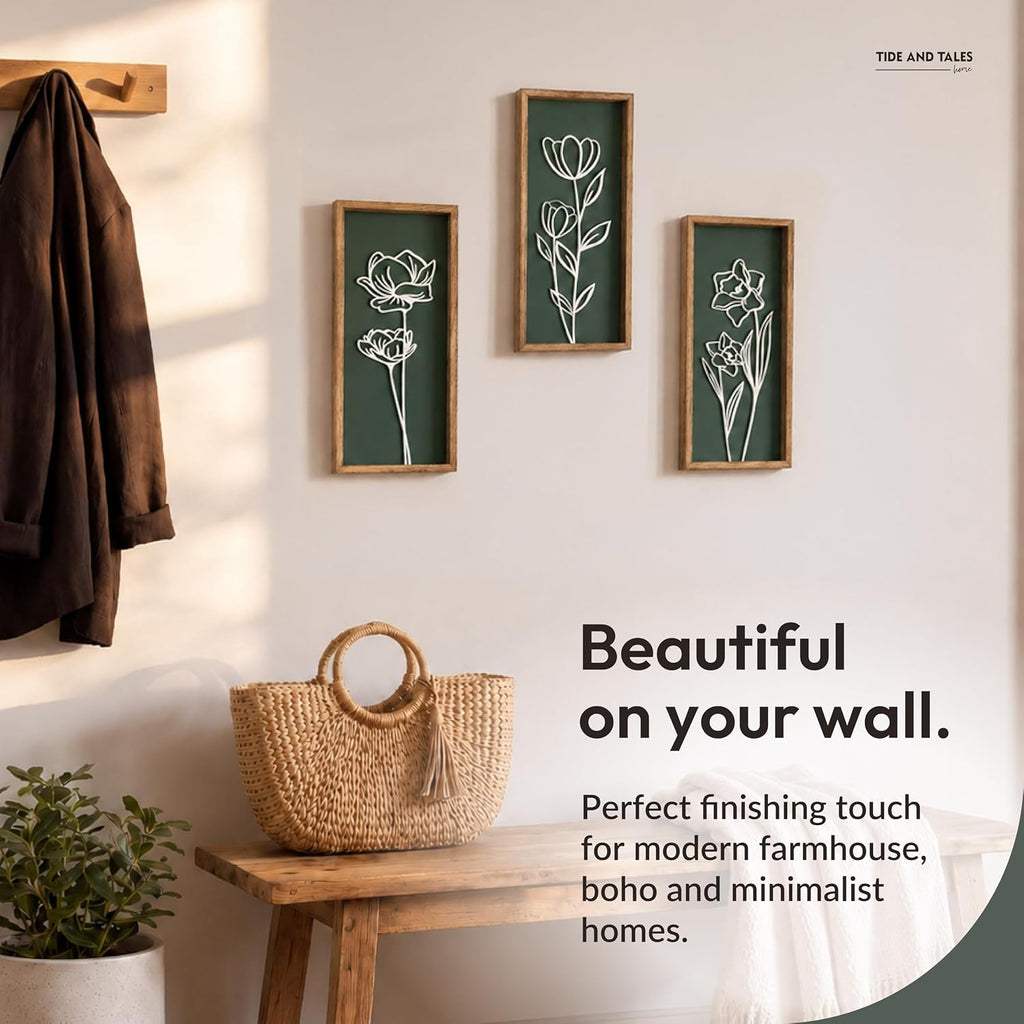 Tide and Tales 3d Green Wall Art, Wooden Botanical Wall Decor, Set of 3