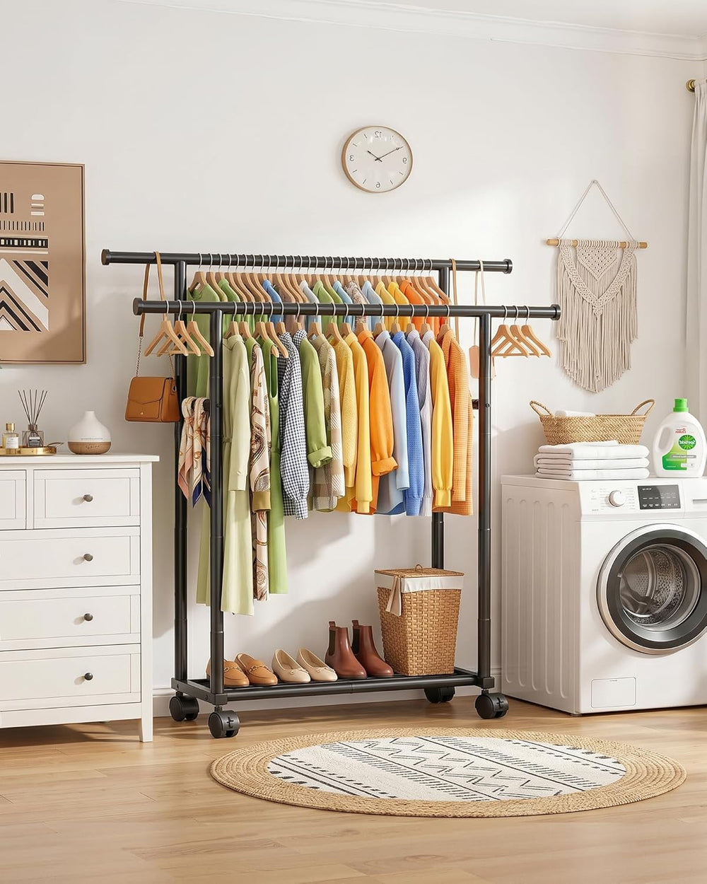 Sakugi Rolling Double Rod Clothes Rack with Shelf, 39" x 17" x 60&q...