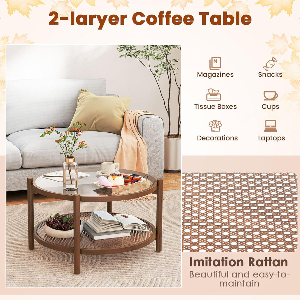 GIANTEX Rattan Coffee Table, Boho Round Glass Tea Table with PE Rattan Storag...