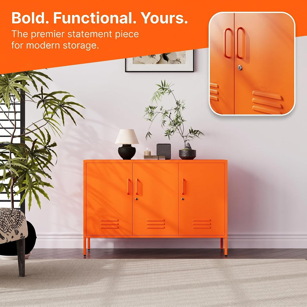 47.3" Wide Orange 3-Door Lockable Metal Storage Locker, Heavy-Duty Multi...