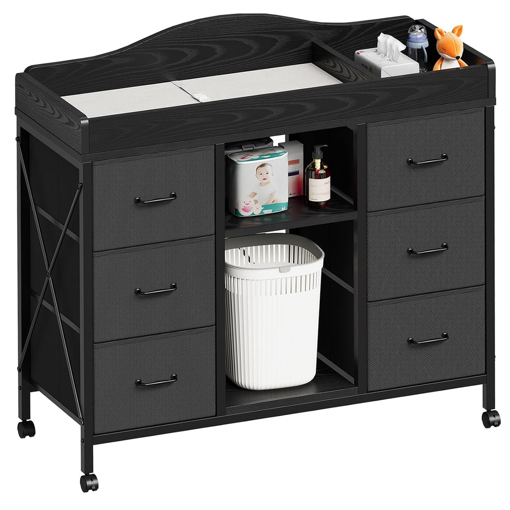 YeTom Changing Table, 6-Drawer Dresser, Adjustable Shelves, Mobile, Black