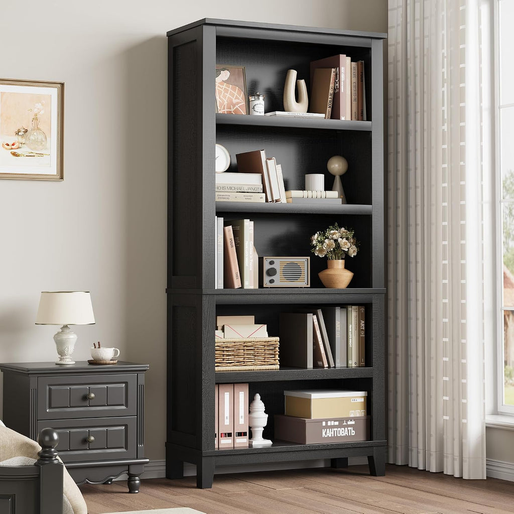 IDEALHOUSE 71" Tall Farmhouse Bookshelf with Adjustable Shelves(Black)