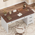 Garvee 53.5" Wooden Home Office Desk with File Drawers, Executive Desk with Power Outlet, Farmhouse Wood Desk with Storage, Distressed Study and Work Table, Rustic White