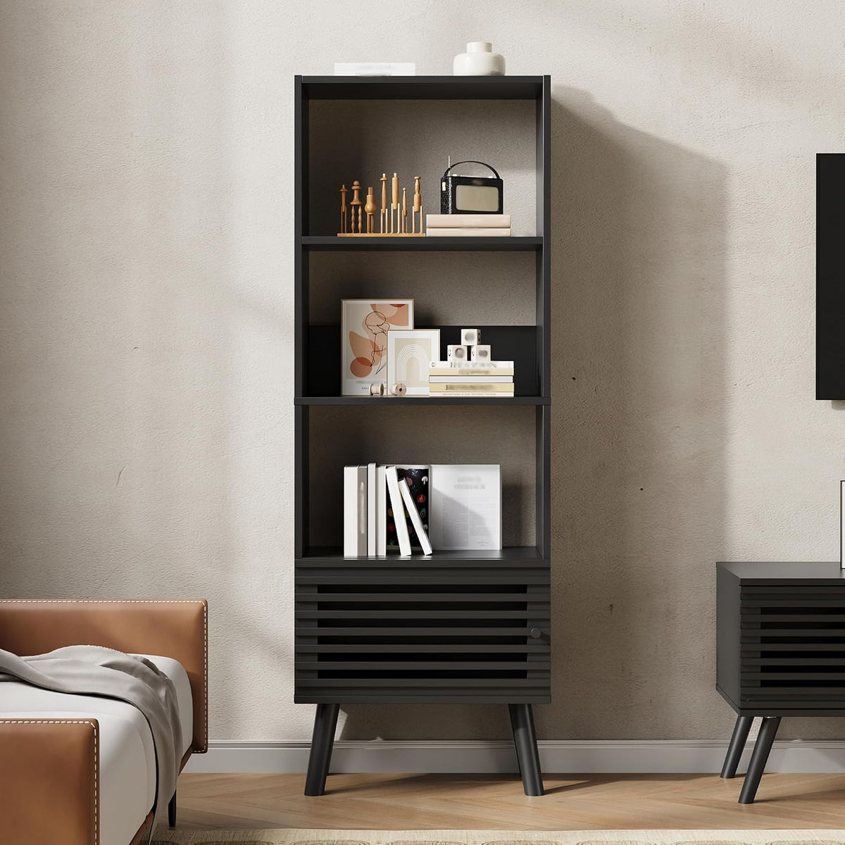 Furnify 4-Tier Narrow Bookcase with Open Shelf and Slatted Door, Black