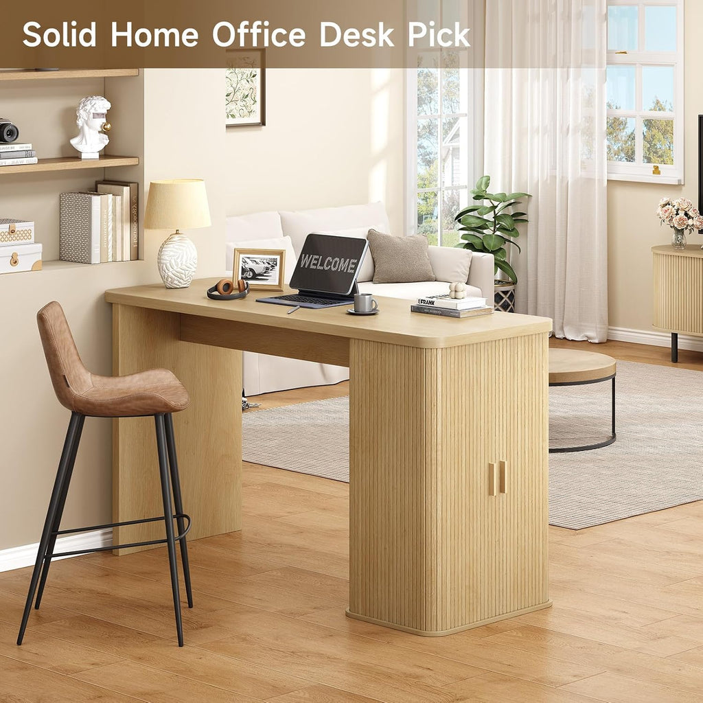 ONBRILL 59 Inch Fluted Kitchen Island with Storage Oak