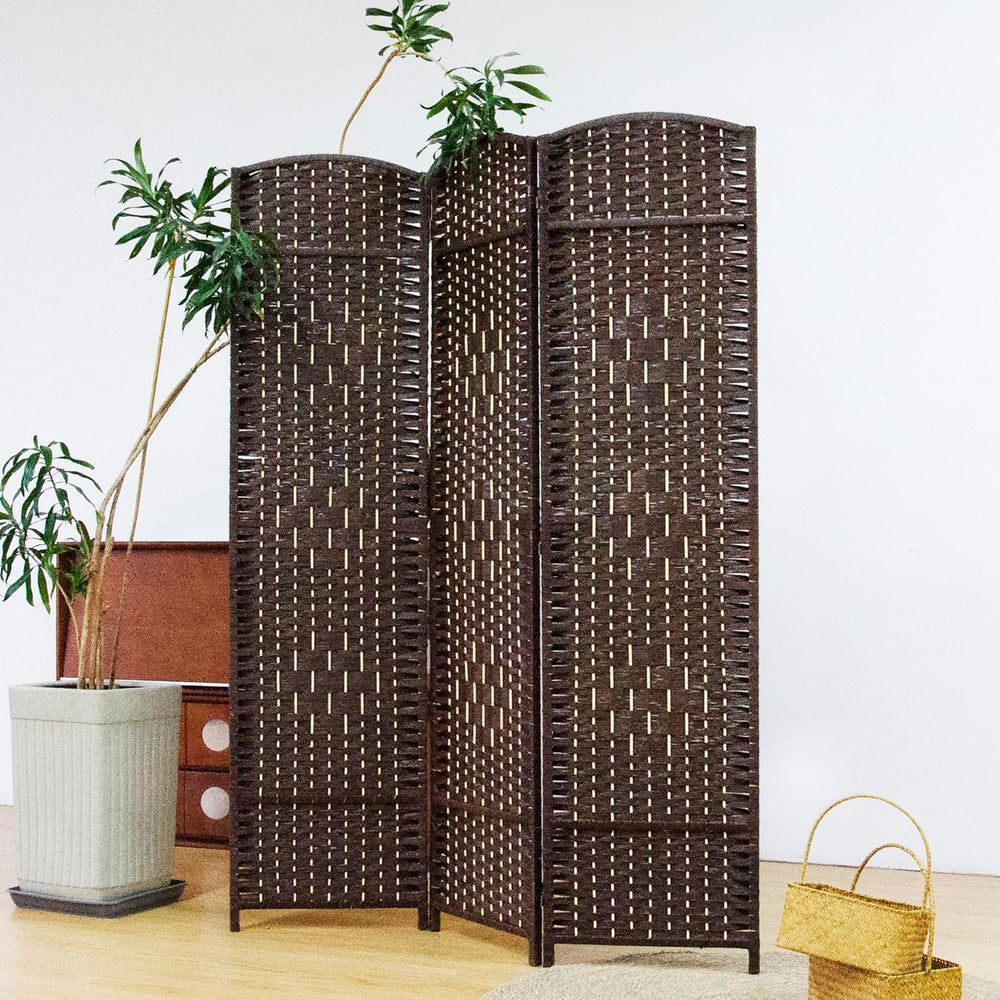Furnnylane 3 Panel Rattan Room Divider, Dark Brown Folding Privacy Screen