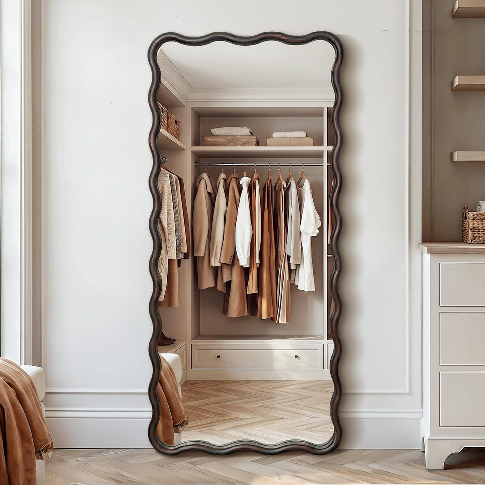 Full Length Mirror, 56”x24” Wavy Floor Mirror Wood Framed,Dark Brown
