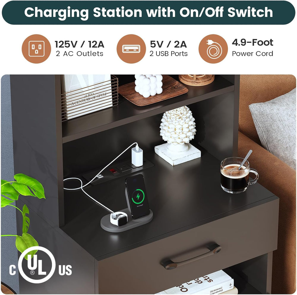 AOGLLATI Tall Night Stand Set of 2 with Charging Station and LED Lights, Blac...