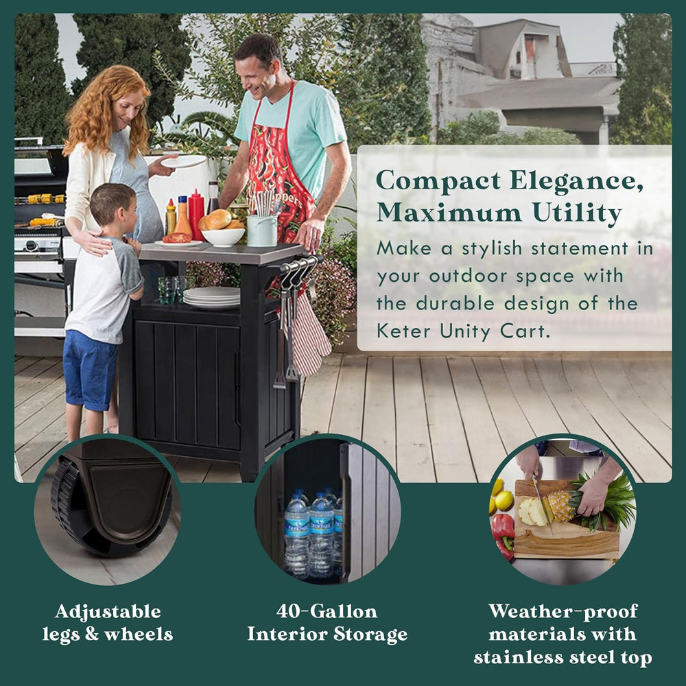Keter Unity Outdoor Grill Prep Table & Serving Cart, 40 Gal, Brown