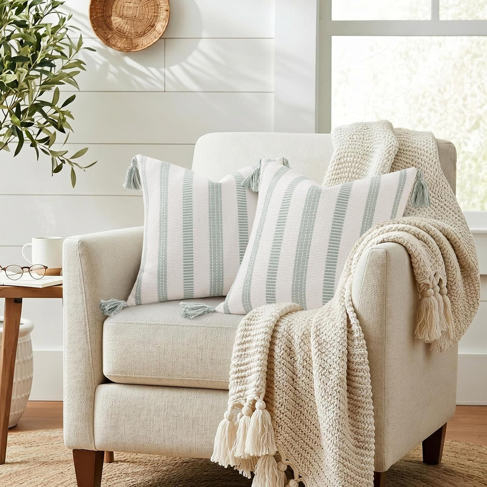 Smile Bee Outdoor Striped Pillow Covers 20x20 Set of 2 Sage Green and White