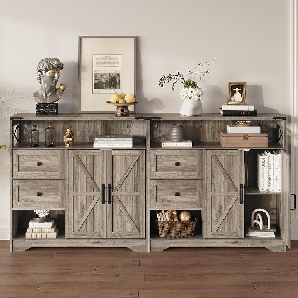 Fameill Farmhouse Storage Cabinet with Drawers and Open Storage, Grey