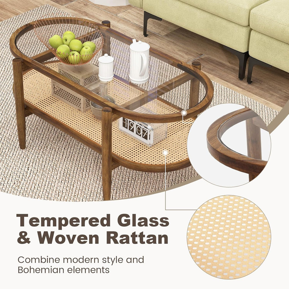 KOTEK Oval 2-Tier Rattan Coffee Table with Curved Wood Frame (Brown)