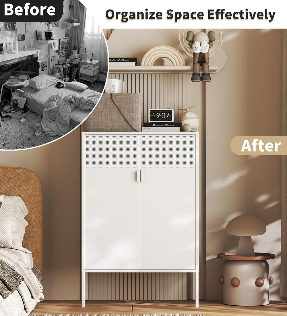 White Metal Storage Cabinet with 2 Doors, 47''H Locker Cabinet