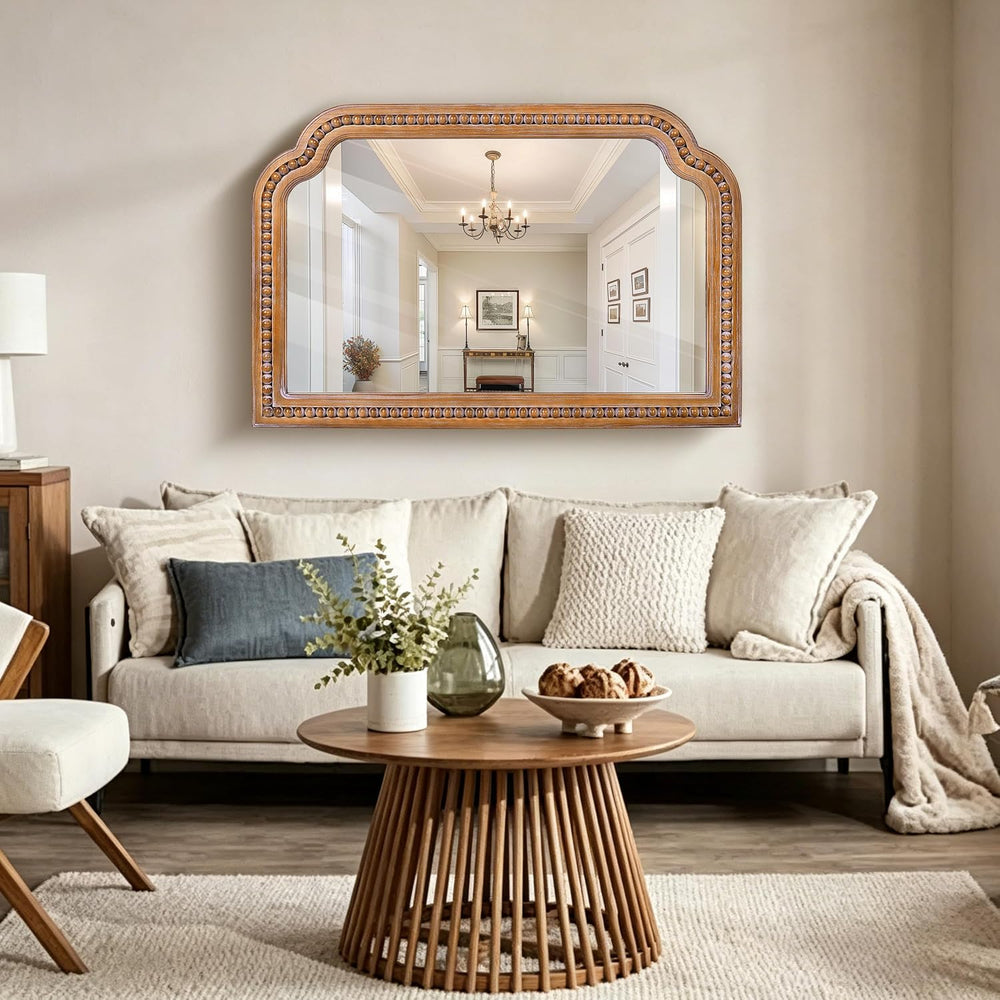 36x24 Inch Farmhouse Arch Wall Mirror Wood Beaded Framed