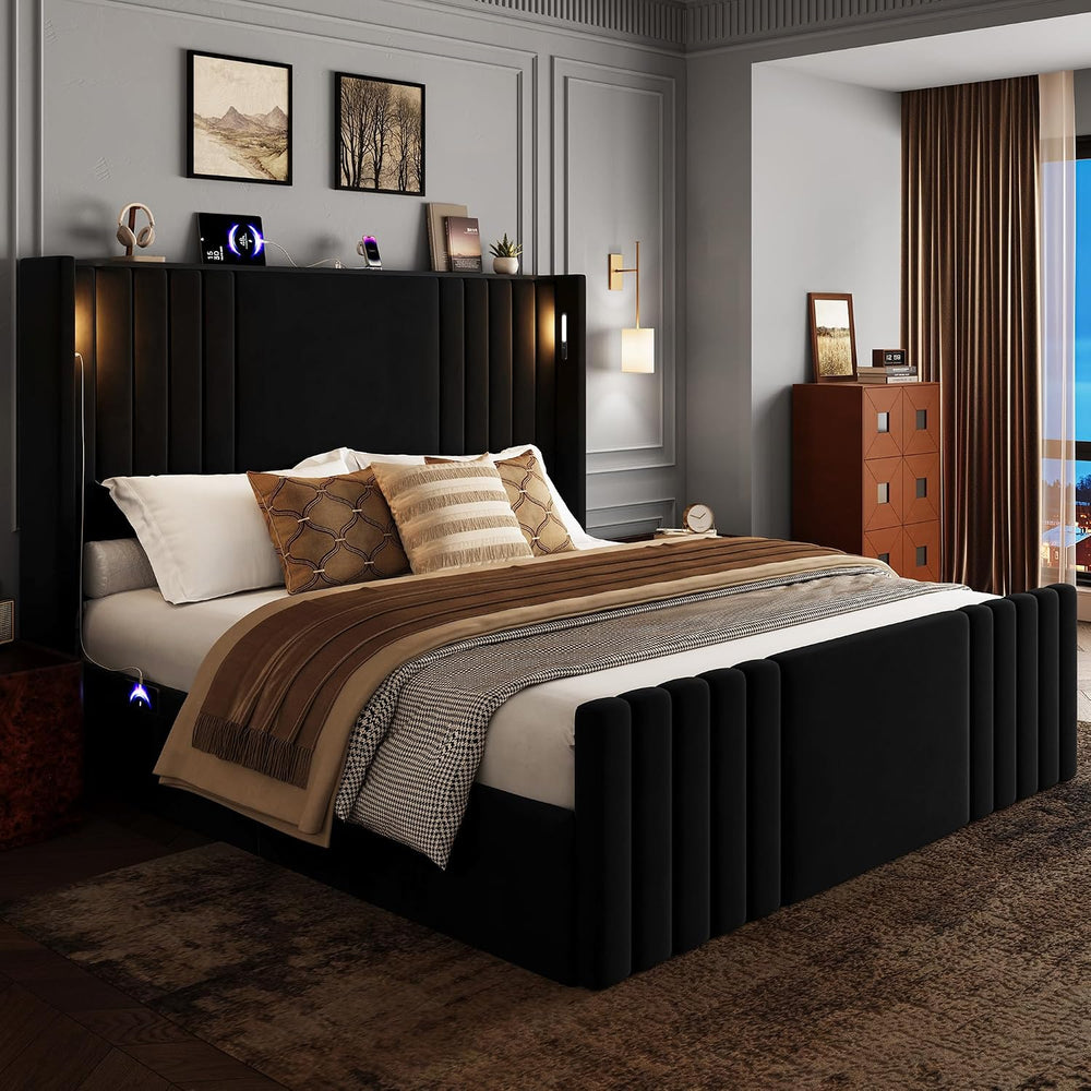 55" Tall Queen Size Platform Bed Frame with 2 Reading Lights, Black