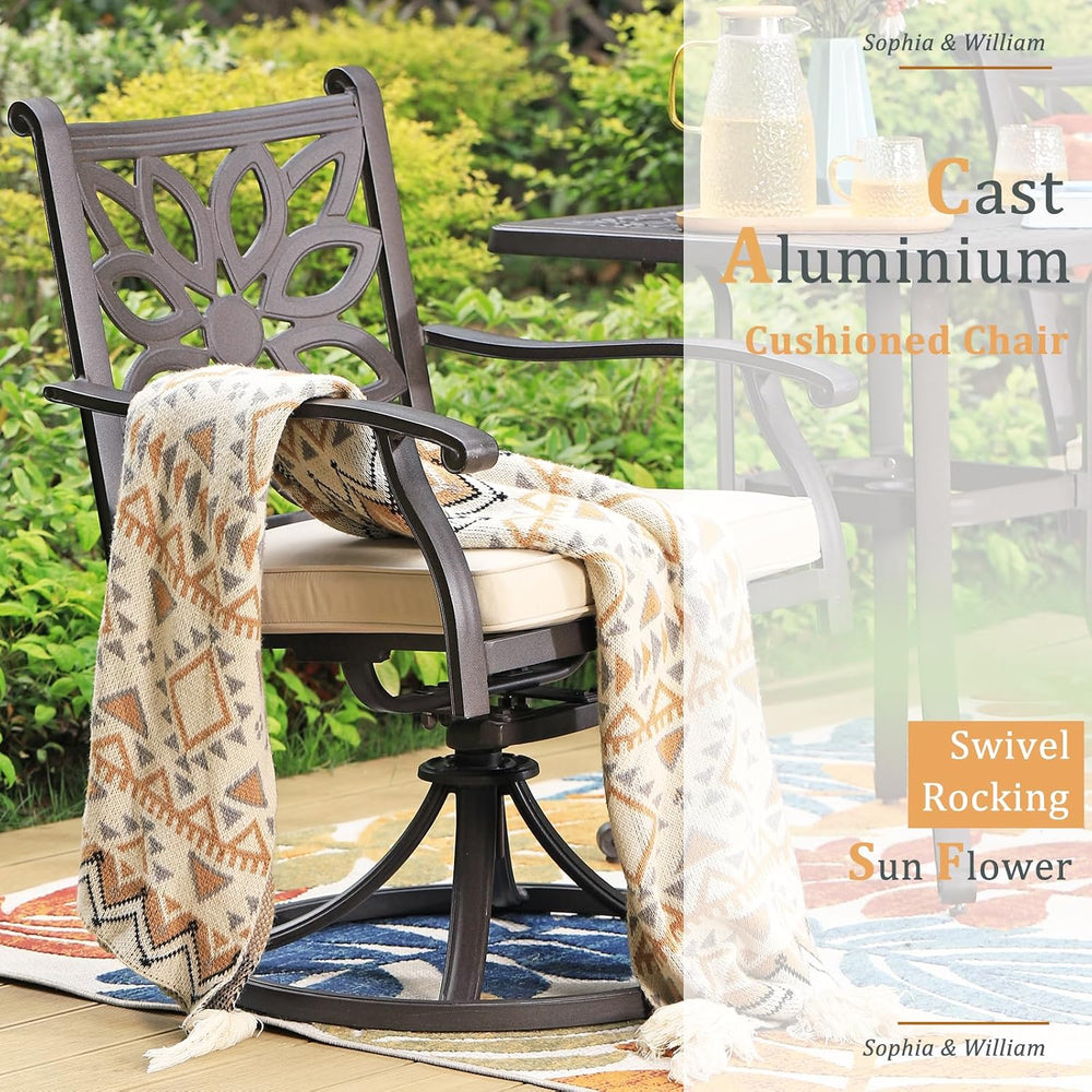 Sophia & William Patio Dining Set, Cast Aluminum, Swivel Chairs, Brown