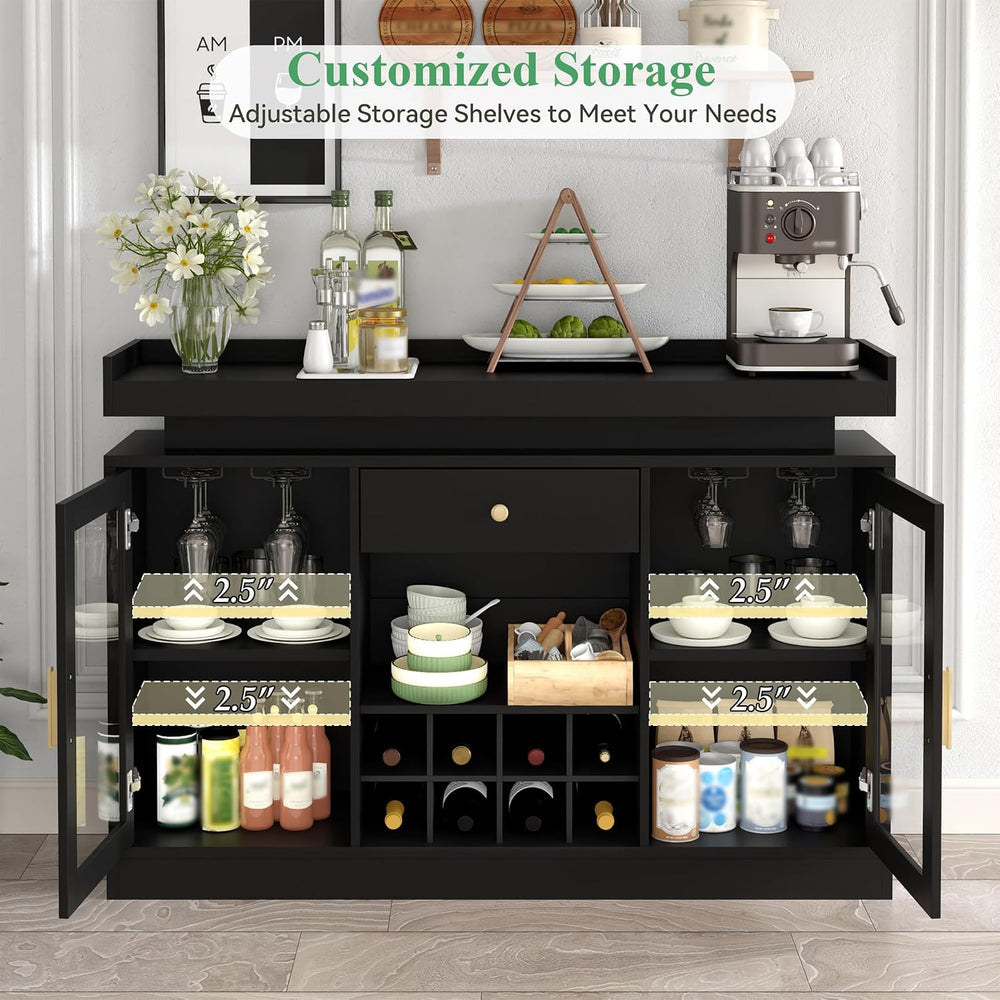 Wine Bar Cabinet with Led, Black Liquor Cabinet with Wine & Glass Rack