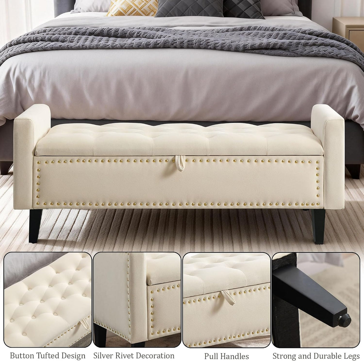 47in Velvet Storage Ottoman Bench with Arms, Upholstered Storage Bench with Wooden Legs, Storage Bench for Bedroom, Living Room, Beige