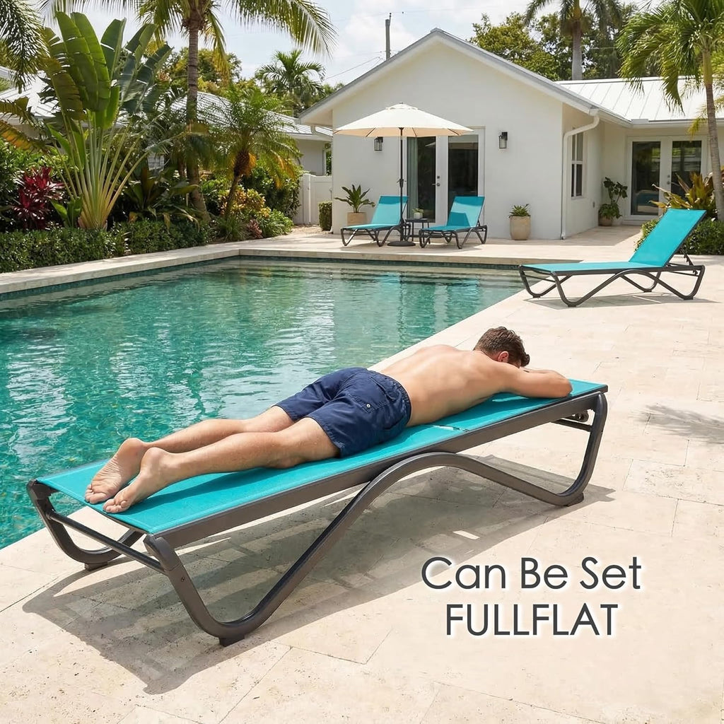 Kozyard Outdoor Chaise Lounge Chair, All Aluminum Frame, Fully Flat Adjustable Reclining Patio Lounger for Pool Sun Shelf, Tanning Ledge, Sunbathing & Backyard, Textilene (Aqua, 2Chairs)