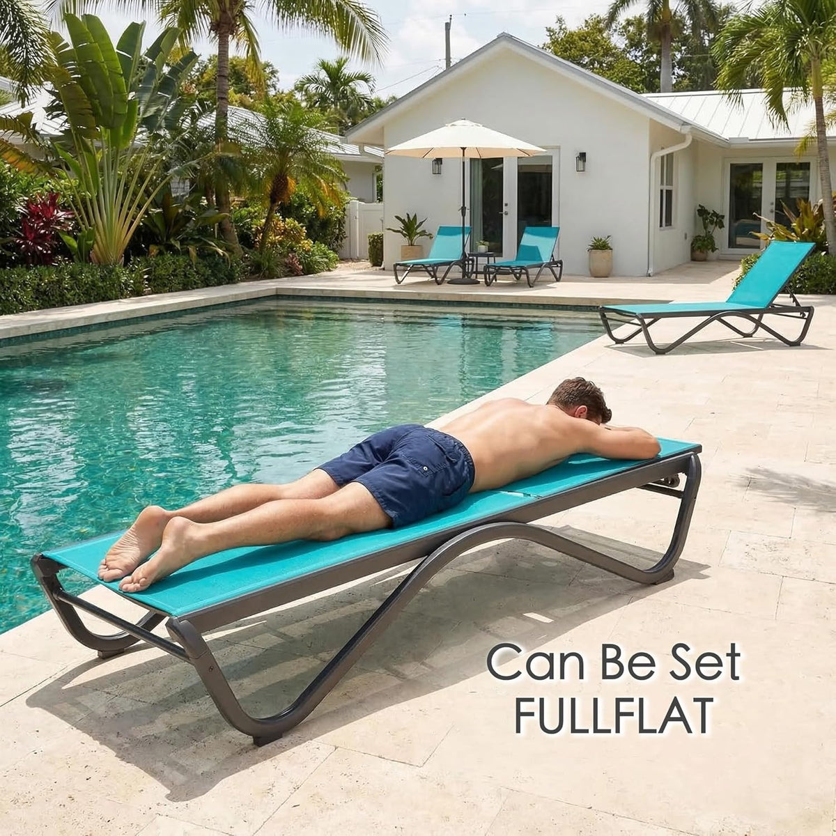 Kozyard Outdoor Chaise Lounge Chair, All Aluminum Frame, Fully Flat Adjustable Reclining Patio Lounger for Pool Sun Shelf, Tanning Ledge, Sunbathing & Backyard, Textilene (Aqua, 2Chairs)