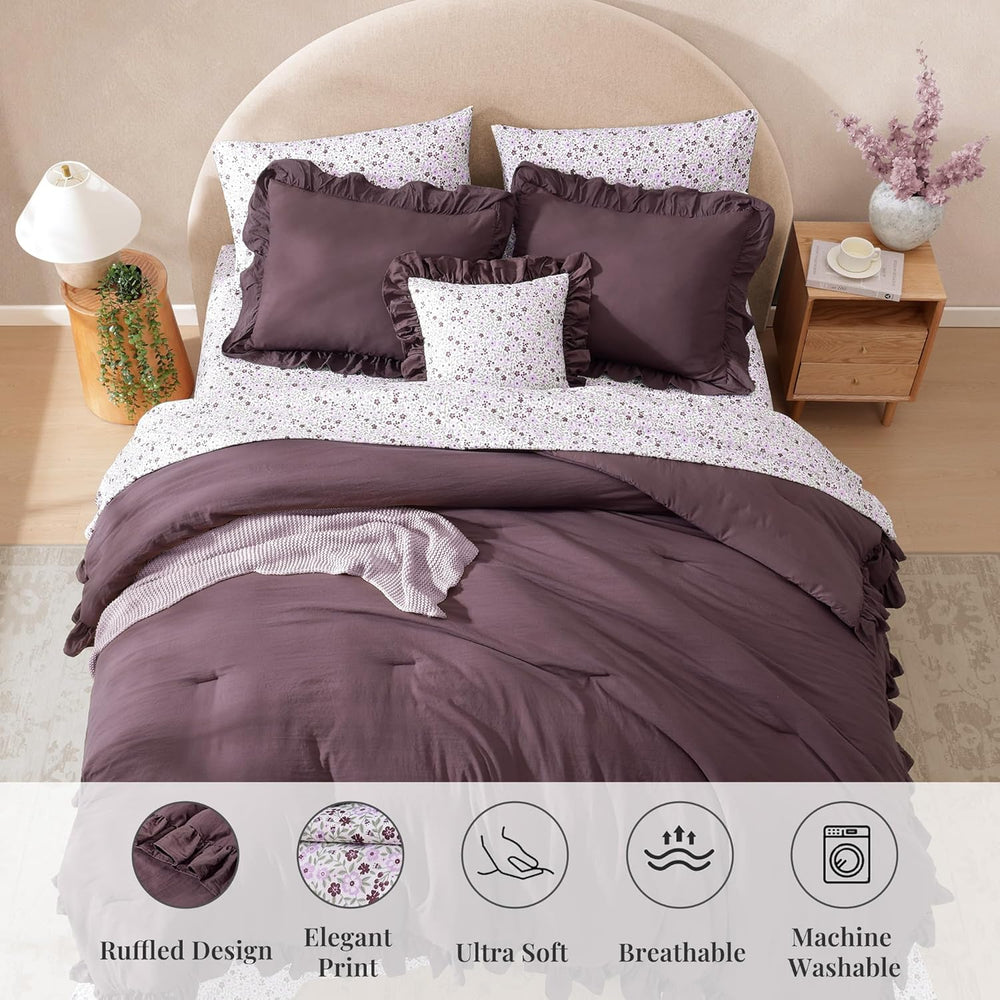 BLOOMHAVEN Full Size Comforter Sets-7 Pieces Ruffle Bedding Floral Sheet