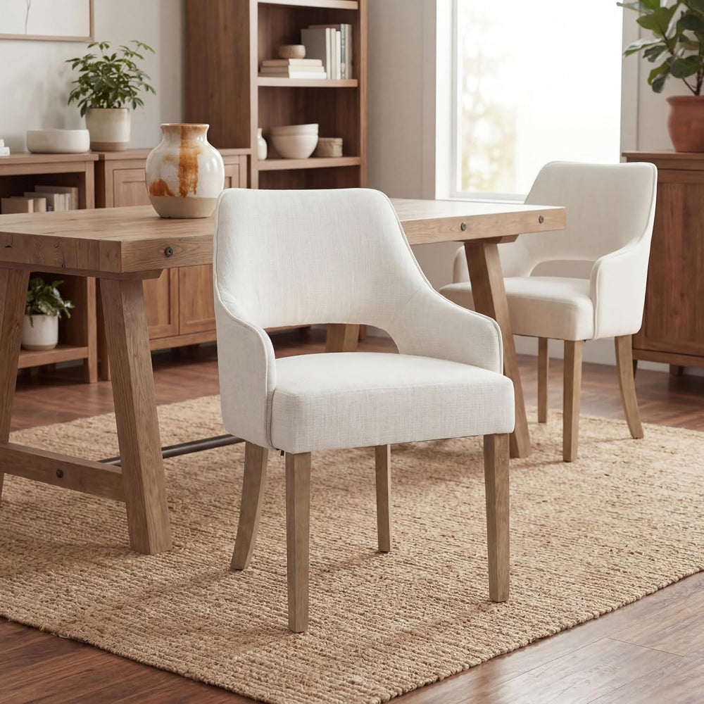 Linen Upholstered Dining Chairs Set of 2 with Arms