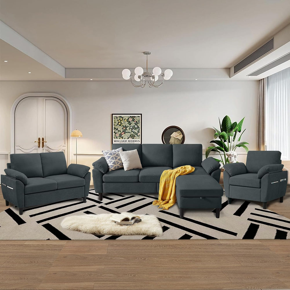 4 Piece Convertible Sectional Sofa Set, Modern Linen Small L Shaped Couch wit...