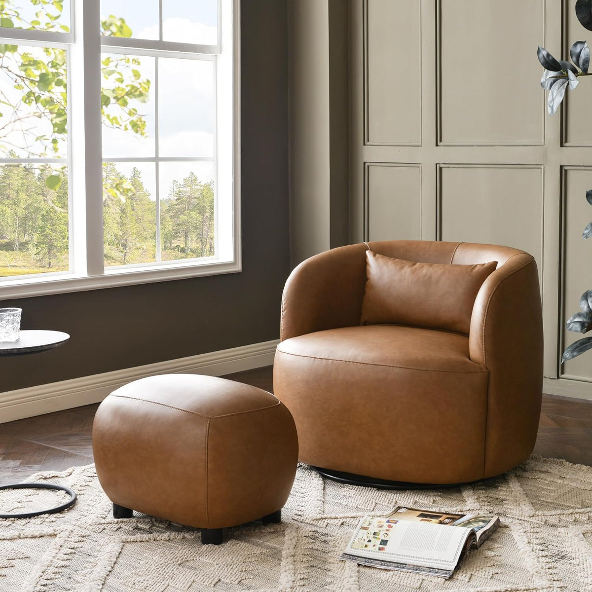 KINWELL 23" Wide Faux Leather Upholstered Ottoman Footrest, Camel | Living Room Footrest with Soft Padded Seat, Mid-Century Modern Entryway Footstool for Bedroom, Entryway or Living Room