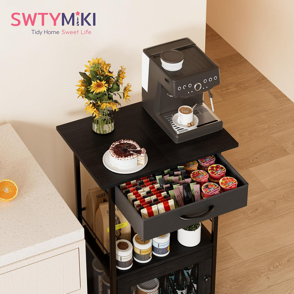 SWTYMIKI Buffets Coffee Bar Cabinet - Rolling Kitchen Rack, Farmhouse Small C...
