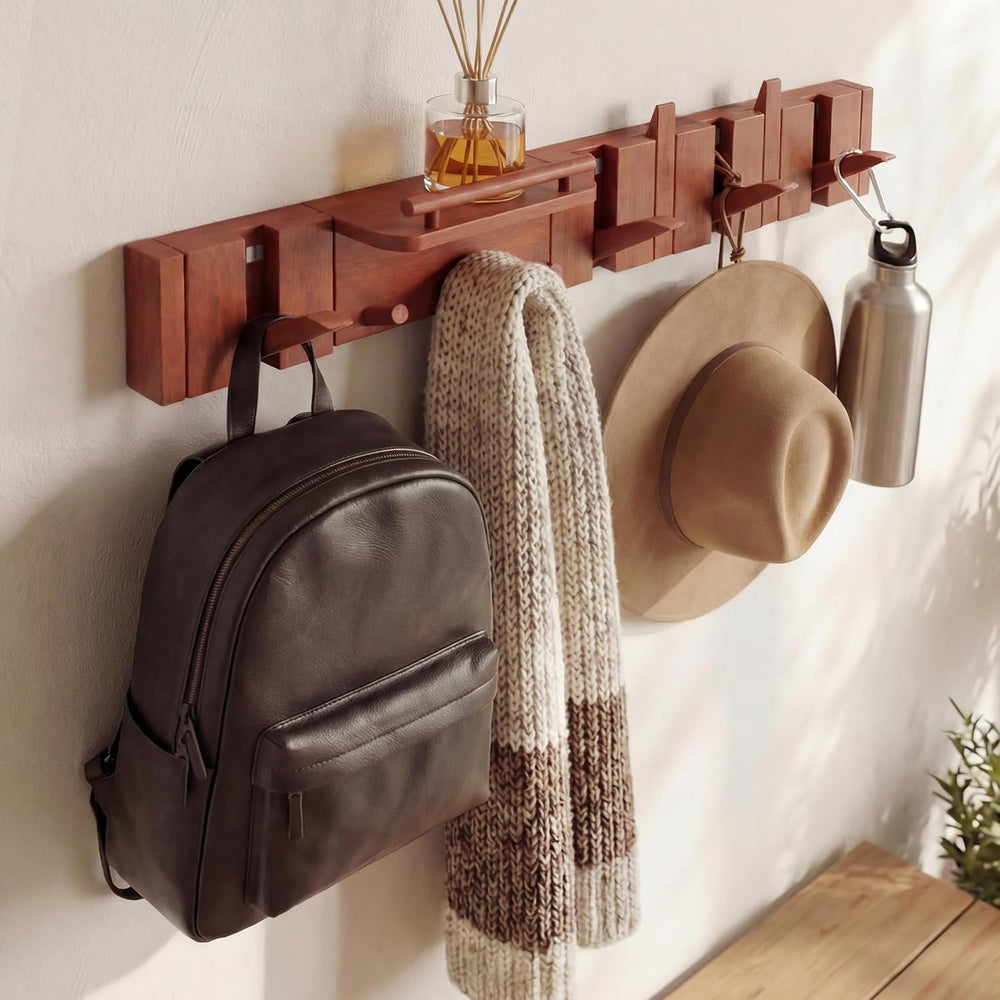 Mid Century Modern Wood Coat Rack Wall Mount with Shelf, 9 Hooks, Walnut
