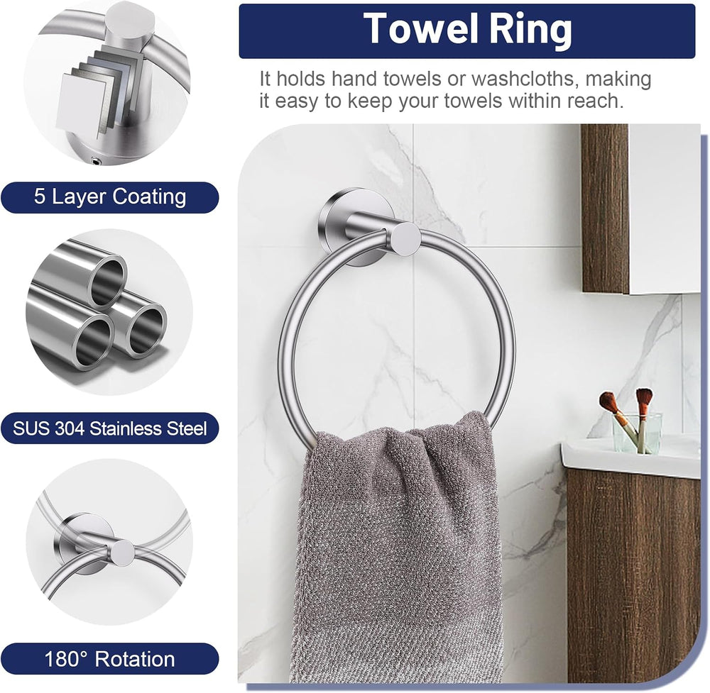 Brushed Nickel Bathroom Hardware Set, Toilet Paper Holder, Towel Ring Hooks