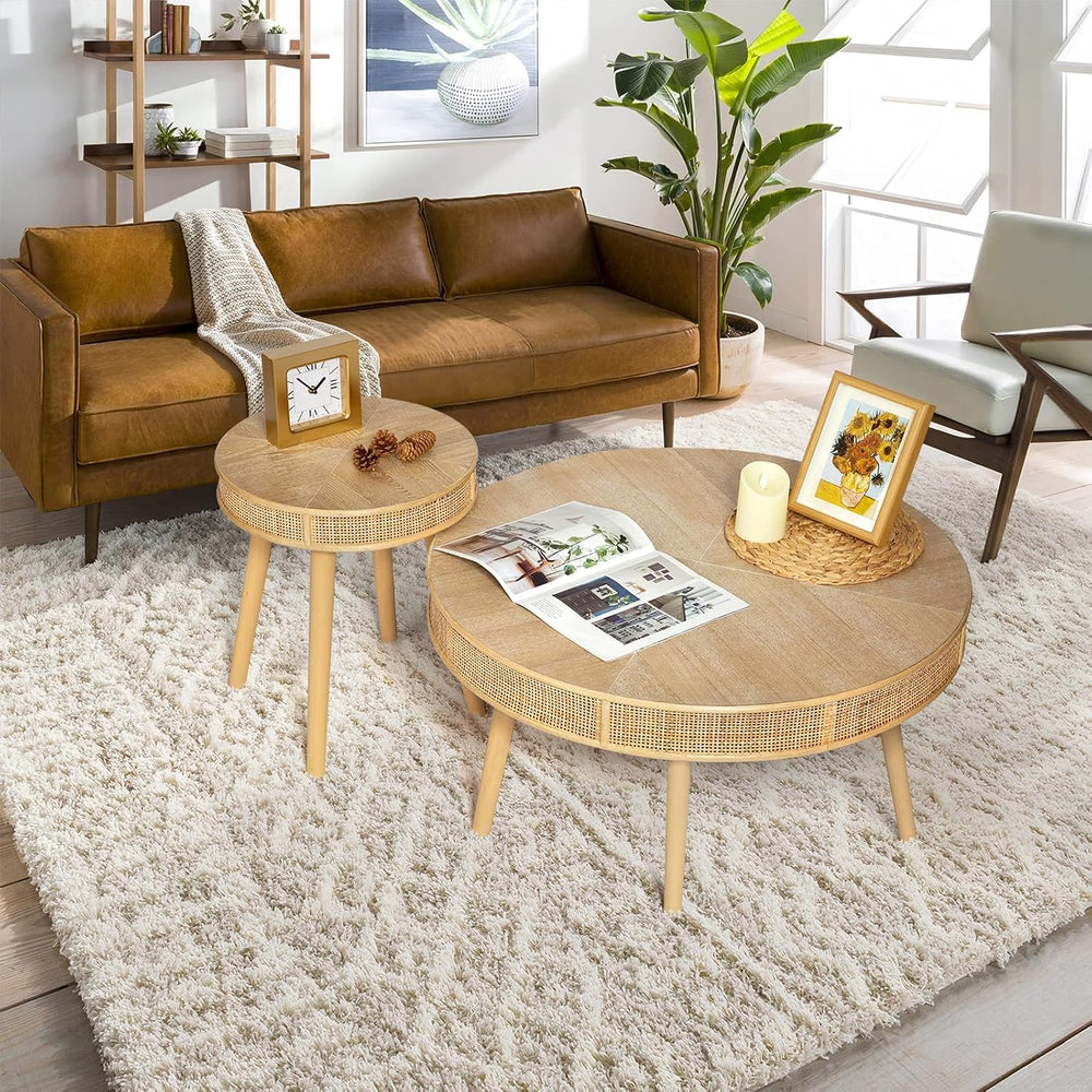 RUSTOWN 2-Piece Farmhouse Coffee Table, Modern Round Rattan Side Tables
