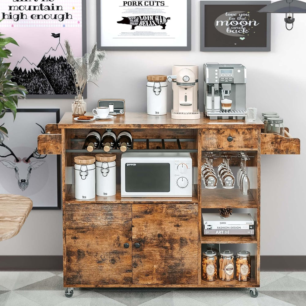 IRONCK Rolling Kitchen Island Cart with Drop-Leaf and Wine Rack, Brown