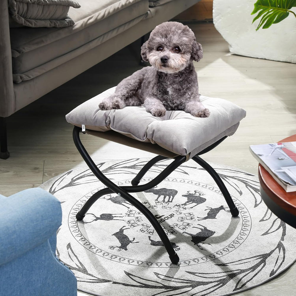 15" Upholstered Folding Foot Rest Stool with Metal Frame Light Grey