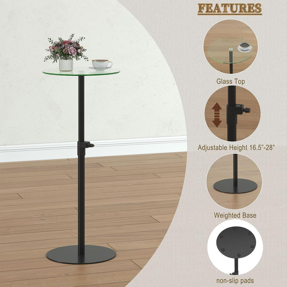 Round Side Table Set of 2, Glass End Table, Round Coffee Table, Black
