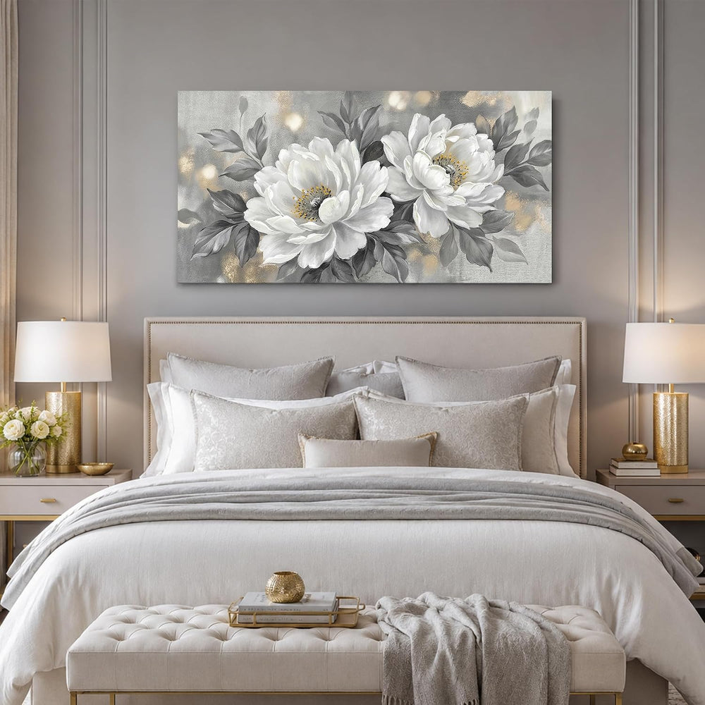 Anolyfi White Peony Neutral Floral Canvas Wall Art for Bedroom 40"x20"