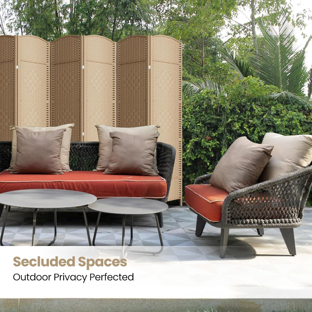 6 Panel Folding Room Divider,Woven Privacy Screen,Light Beige