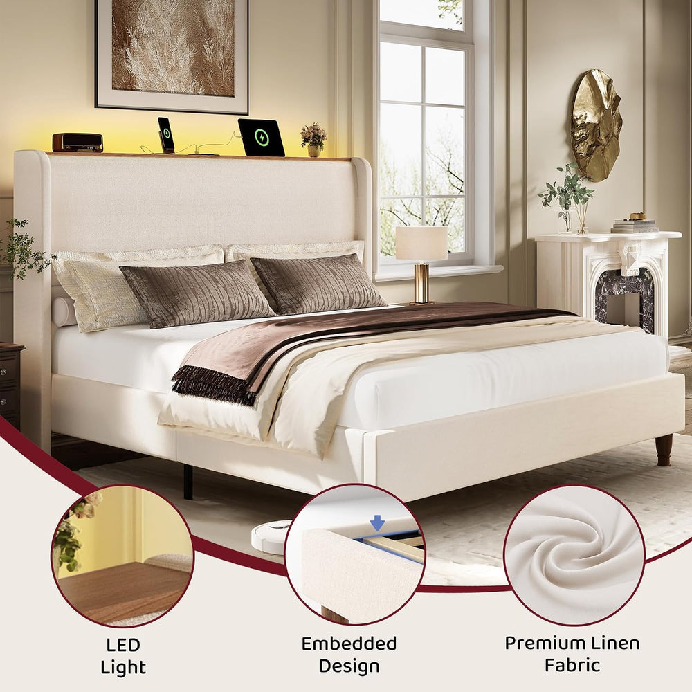 BRELTAM King Size Bed Frame with 51.2" Tall Headboard Wingback Linen Uph...