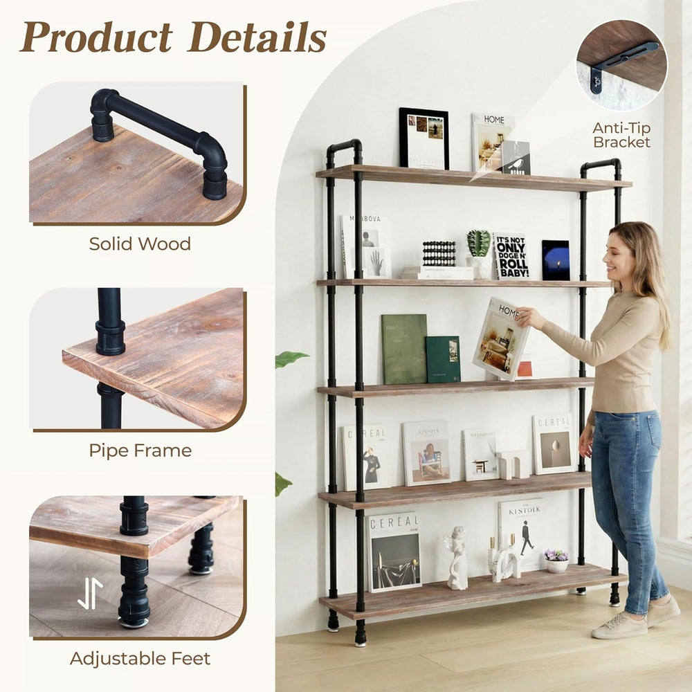 Industrial Bookshelf, Pipe Shelf Bookcase, 5 Tier, 48" Weathered Brown