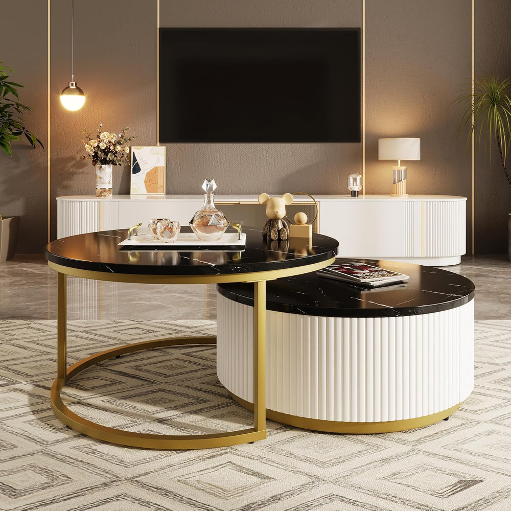 Modern Round Nesting Coffee Table Fluted with Drawer in Black & Gold in 3...