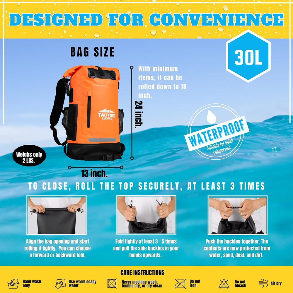 Tactiko Survival 35L Heavy-Duty 100% Waterproof Backpack, Roll Top Dry Bag