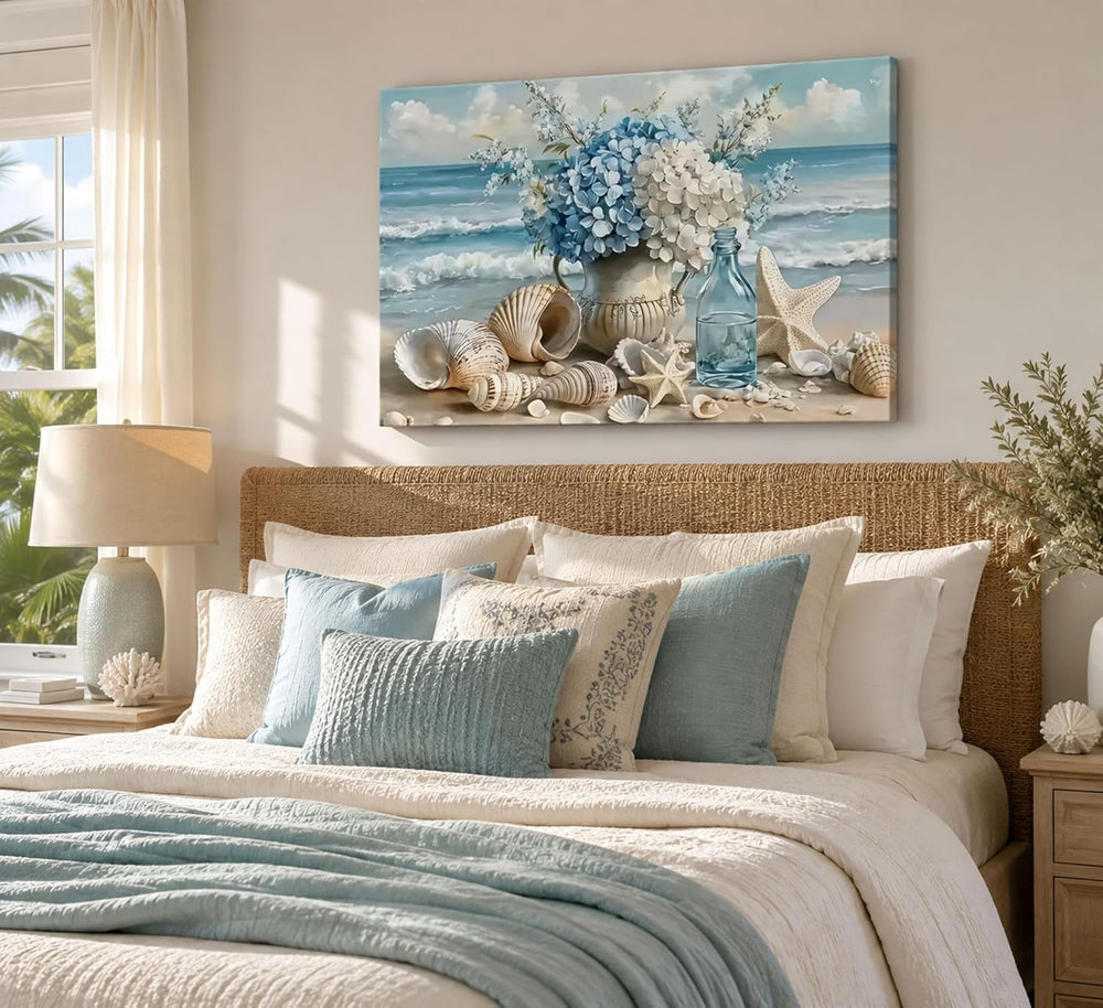 YKVDOROK Blue Ocean Beach Wall Art Coastal Bathroom Canvas Wall Decor