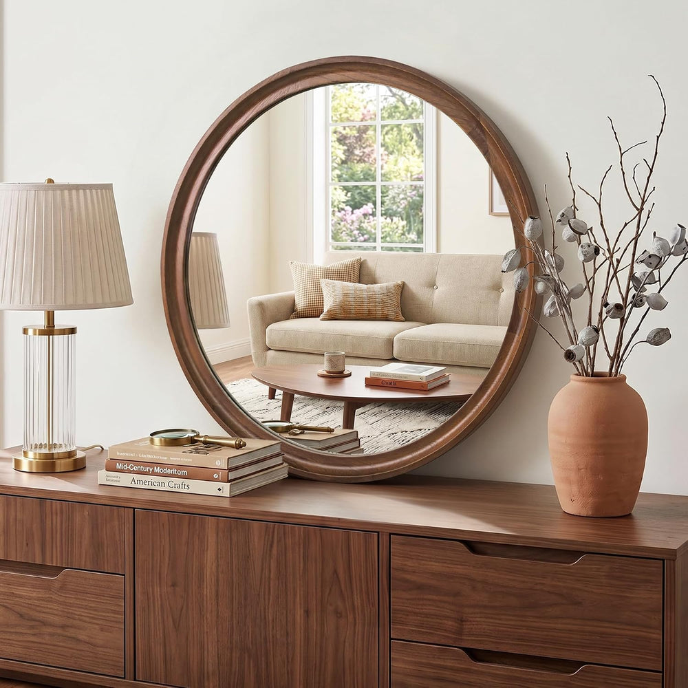 FICTOR Round Wood Mirror, 24" Circle Mirrors for Wall Decor, Walnut Brown
