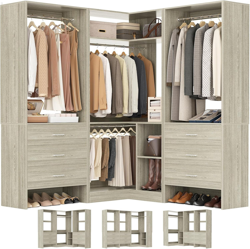 Aheaplus Closet System with 6 Drawers, 4 Hanging Rods & Corner Tower, Cor...