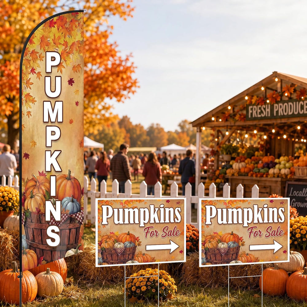 3pcs Fall Pumpkins Feather Swooper Flag Kit, Yard Sign with Pole Stake