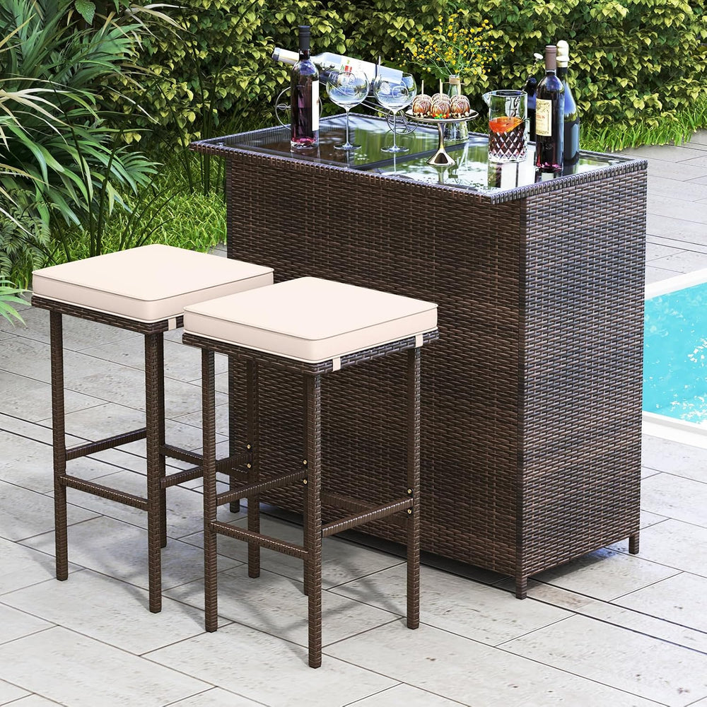 Tangkula 3 Piece Patio Bar Set, Outdoor Rattan Bar Table and 2 Stools with Te...