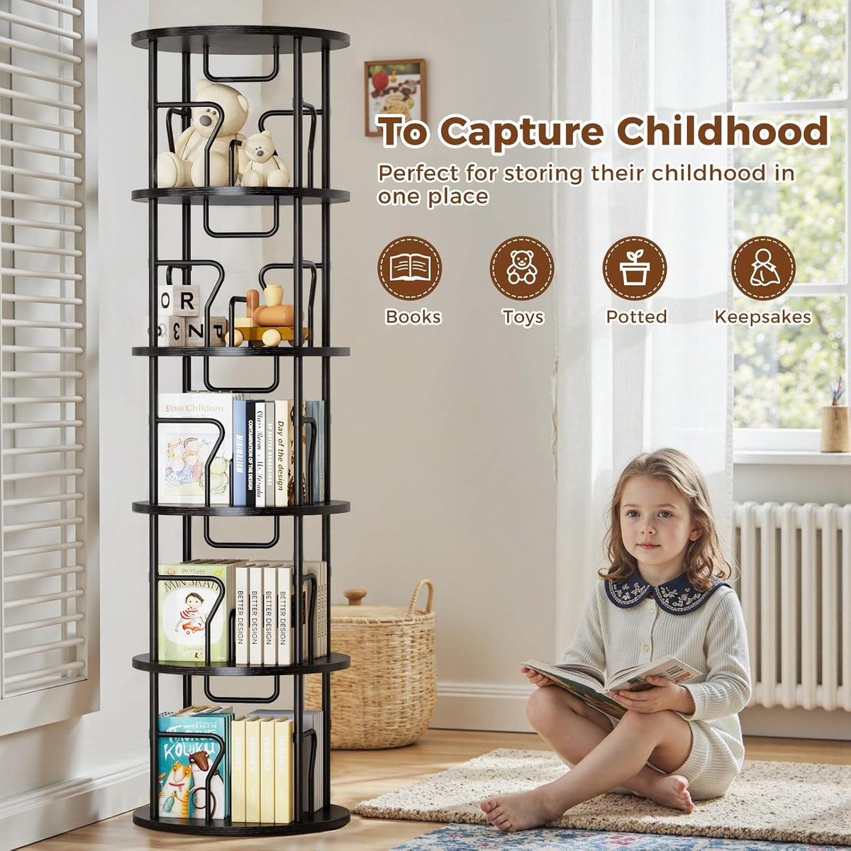 4 Tier Rotating Bookshelf Tower, 360° Display Round Bookcase, Floor Standing Corner Revolving Bookshelf Organizer Storage Rack for Small Spaces, Home Study Office, Black